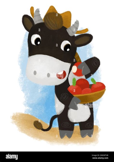 Cartoon Scene With Happy Farmer Ranch Cow Bull Holding Basket Full Of