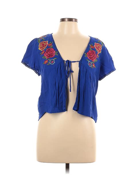 Forever 21 100 Rayon Solid Blue Short Sleeve Blouse Size L 43 Off