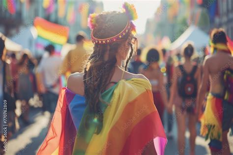 Gay Lesbians Trans Hetero Persons At LGBT Pride Parade View From Back People Crowd With LGBT