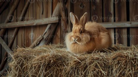 A Fluffy Brown Rabbit Sits On A Bale Of Hay In A Barn The Rabbit