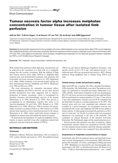 PDF Tumor Necrosis Factor Increases Melphalan Concentration In