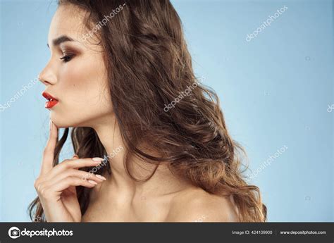 Beautiful Woman Naked Shoulders Hairstyle Care Bright Makeup Blue Background Stock Photo By