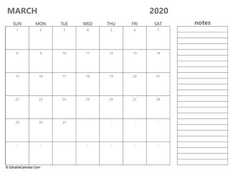 March 2020 Printable Calendar with Holidays