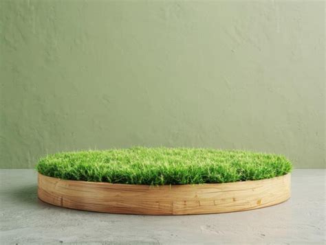 Wooden Platform With Green Grass On A Green Wall Background Premium Ai Generated Image