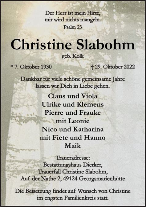 Traueranzeigen Von Christine Slabohm Noz Trauerportal