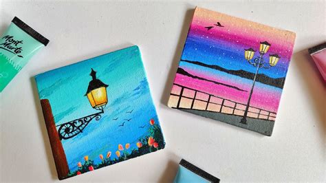 2 Street Lamp Landscape Paintings For Beginners 2 Mini Canvas