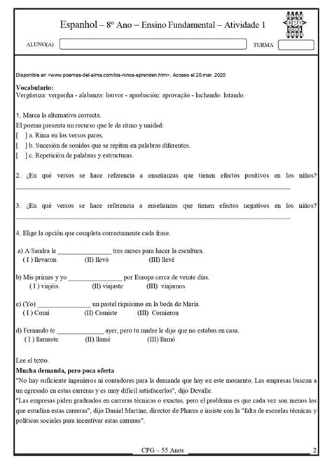 Língua Espanhola Atividade De Espanhol Interpretação De 3F2