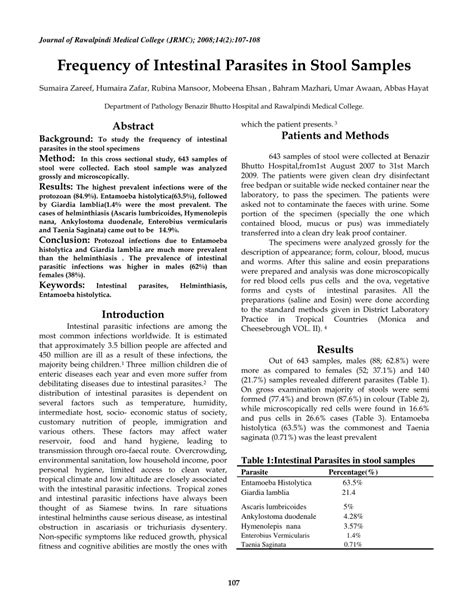 Pdf Frequency Of Intestinal Parasites In Stool Samples