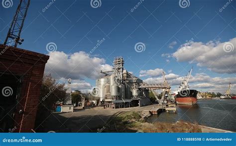 Panorama Of Grain Terminal At Seaport On Sunny Day Cereals Bulk