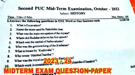 2nd PUC HISTORY Midterm Exam Question Paper Important Questions And