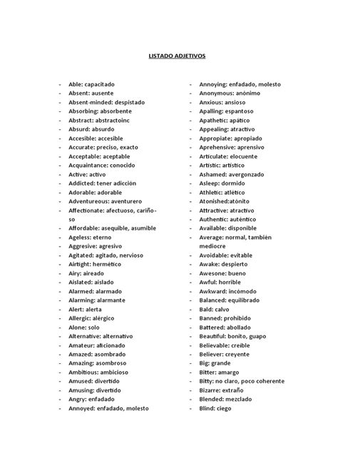 Listado Adjetivos En Ingles B2 Pdf