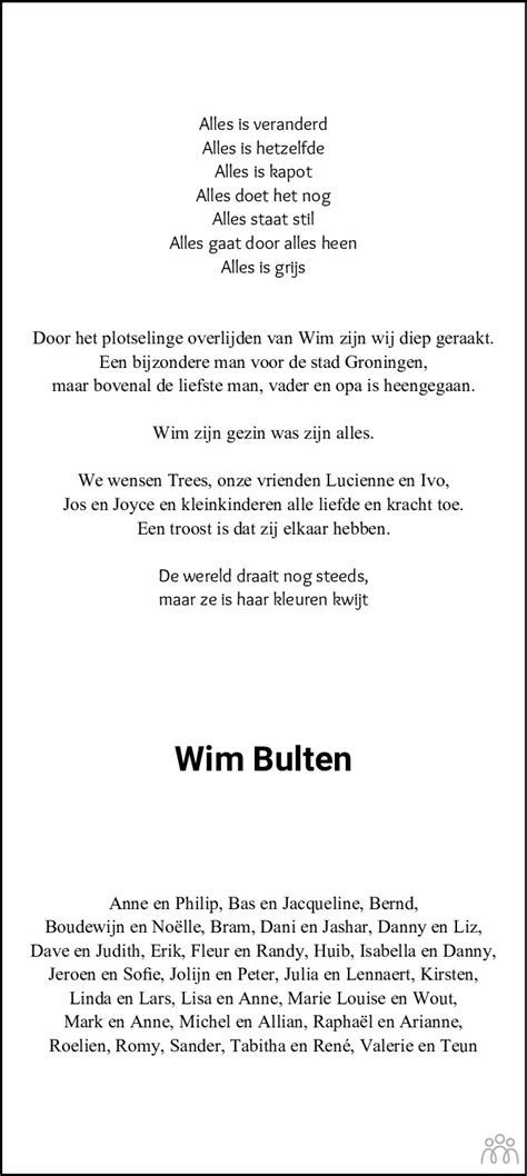 Wim Willem Lukas Bulten Overlijdensbericht En Condoleances