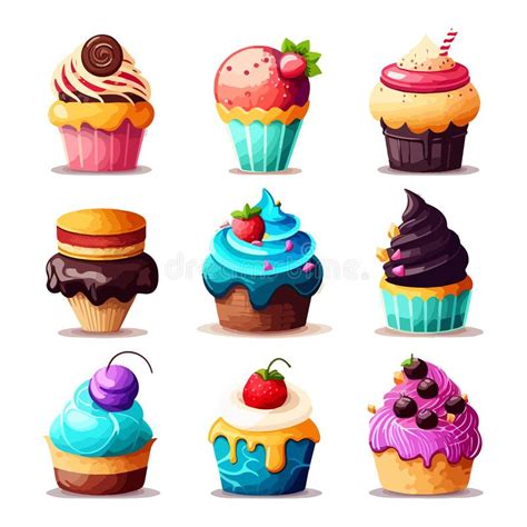 Vector Cartoon Style Set Of Sweet Cupcakes Muffin Isolated On White