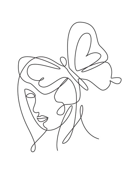 One single line drawing woman with butterfly line art vector ...