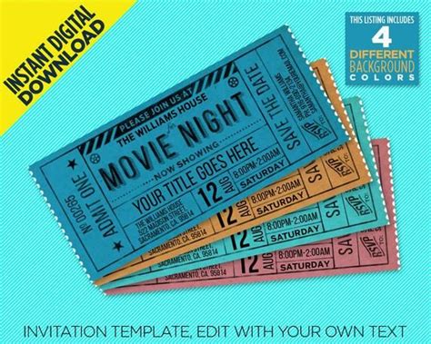 Movie Night Ticket Printable Invitation In Vintage Style Different