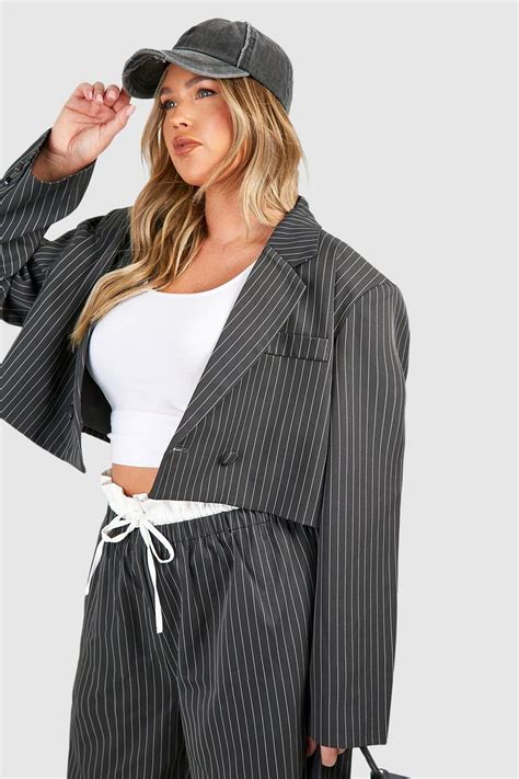 Plus Stripe Cropped Blazer Boohoo Ca