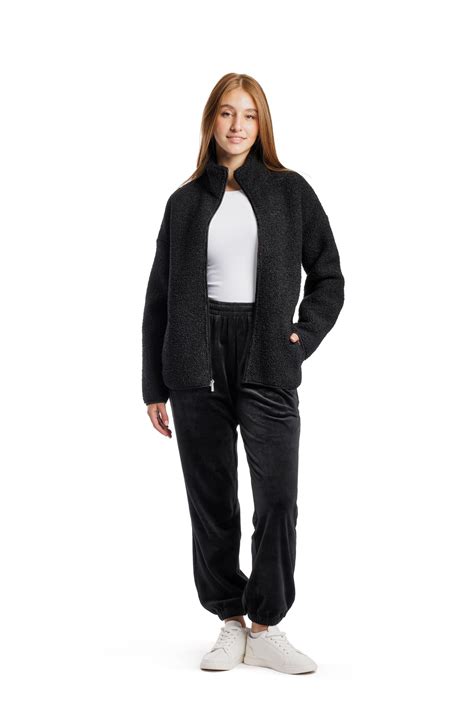 Teddy Sherpa Zip Up Jacket In Black