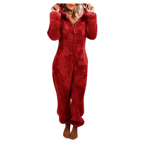 Jalioing Womens Fuzzy Rompers Fleece Warm Hooded One Piece Jumpsuit