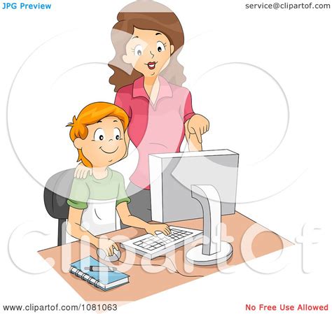 Clipart Computer Teacher Supervising A School Boy Royalty Free Vector