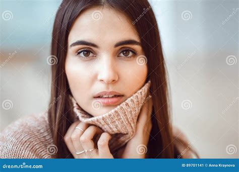 Portrait Of Smiling Caucasian Brunette Young Beautiful Girl Woman Model With Long Dark Hair And