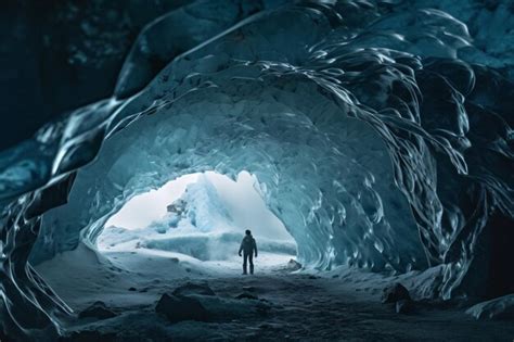 Homem explorando uma incrível caverna glacial na islândia Foto Premium