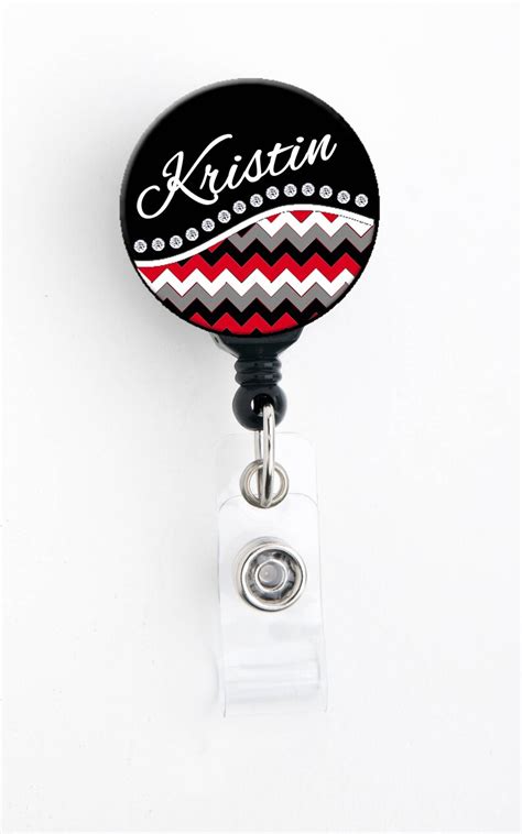 Retractable ID Badge Holder Black Red Chevron Personalized Etsy