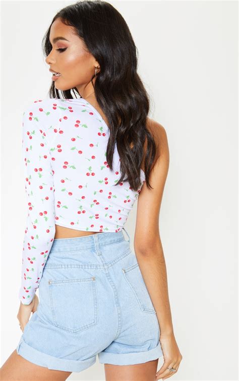 Red Cherry Printed One Shoulder Crop Top Prettylittlething