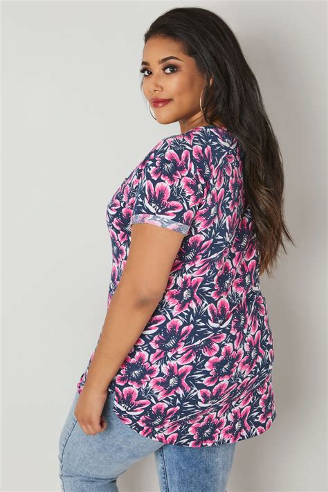 Navy And Pink Floral Hibiscus Pocket T Shirt Plus Size 16 To 36