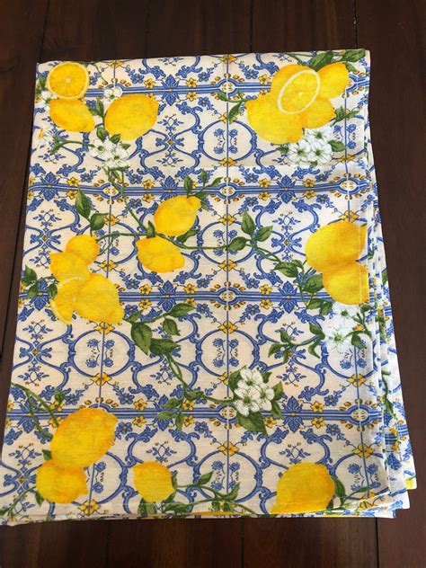 Lemon Tablecloth Lemon On Blue Tiles Linens Made In Italy Etsy In