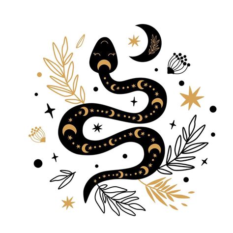 Floral Snake Vector Mystic Celestial Serpent Wildflowers Leaves Moon