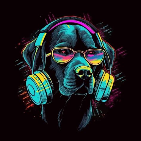 Un Perro Con Auriculares Y Un Fondo Negro Foto Premium