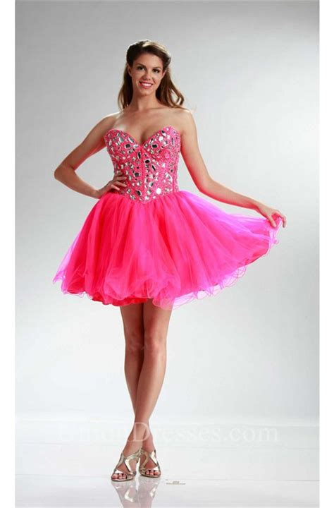 Sparkly Ball Strapless Short Hot Pink Tulle Rhinestone Prom Dress