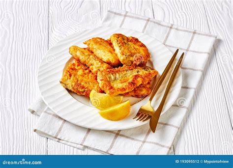 Delicious Recipe Of Battered Pan Fried Hake Fish Stock Photo Image Of