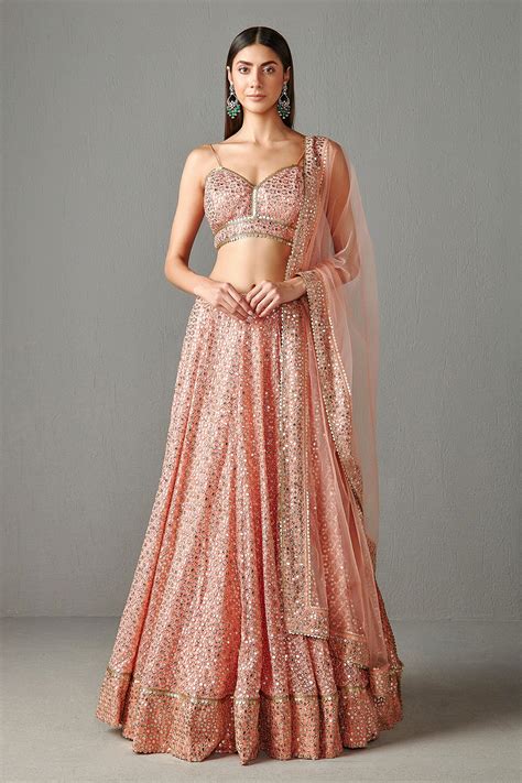 Buy Peach Net Embroidered Sequins Work V Neck Nadia Floral Lehenga Set For Women By Rabani