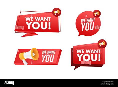 Megaphone Label Set With Text We Want You Megaphone In Hand Promotion Banner Marketing And