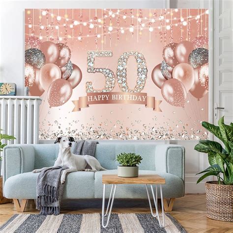 Rose Gold Happy 50th Birthday Glitter Diamonds Balloons Backdrop Lofaris