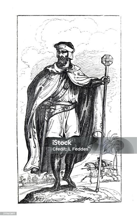 Ancient Knight Templar Knight Templar In Costume Hand Drawn Engraved Vintage Illustration Old