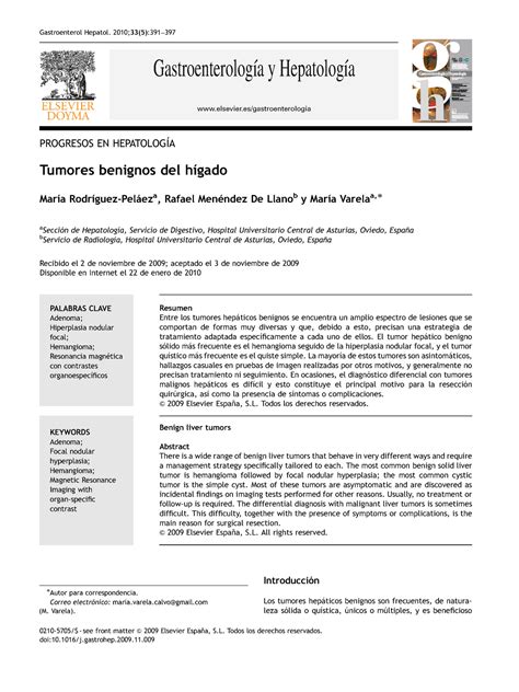 Tumores Hep Ticos Benignos G Y H Elsevier Gastroenterologia