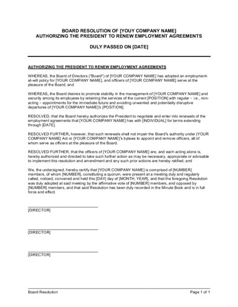 Board Resolution Authorizing The President To Renew Employment