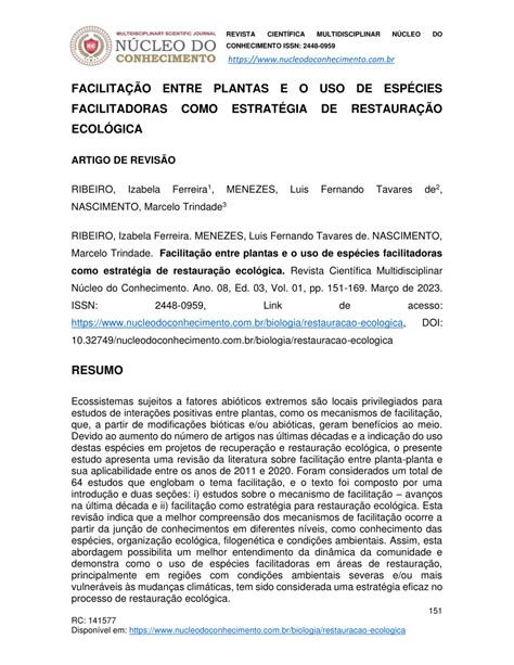 Pdf Facilita O Entre Plantas E O Uso De Esp Cies Facilitadoras Como