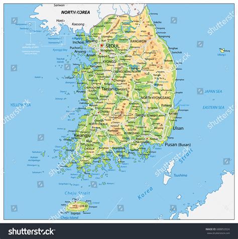 South Korea Physical Map Vector Illustration 스톡 벡터사용료 없음 688852024