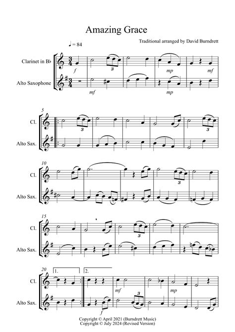 Amazing Grace For Clarinet And Alto Saxophone Duet Arr David