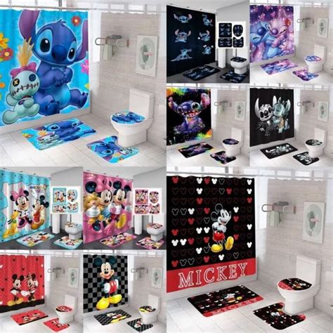 D Cartoon Lilo And Stitch Shower Curtain Set Waterproof Bath Toilet