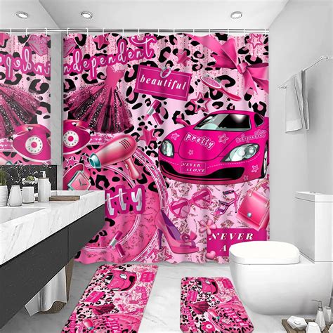 Alishomtll 3pcs Girl Pink Shower Curtain Sets With Rugs