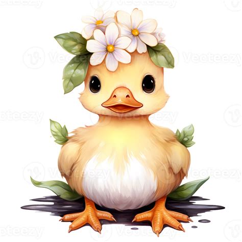 Ai Generated Cute Baby Duck With Flowers Watercolor Clipart