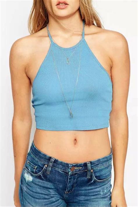 Light Blue High Neck Halter Crop Top