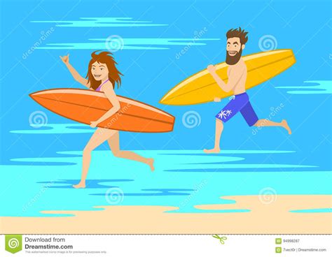 Funny Couple Surfers Man And Woman Running On The Beach Stock Vector