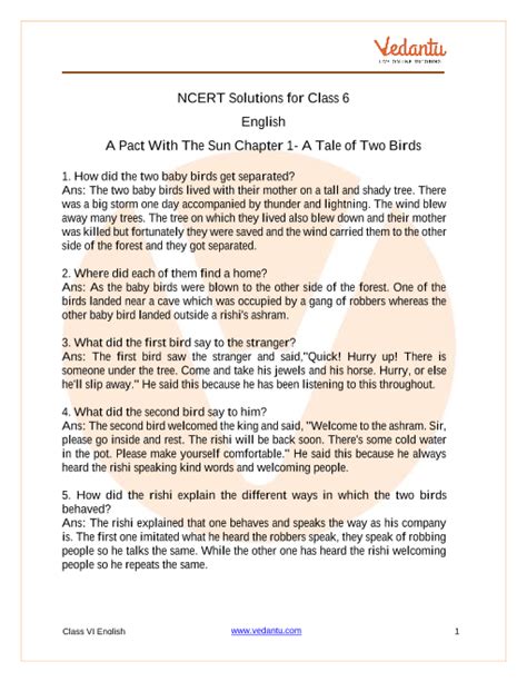 Ncert Solutions For Class 6 English A Pact With The Sun Chapter 1 A Tale Of Two Birds