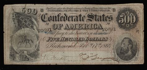 1864 500 Five Hundred Dollars Confederate States Of America Richmond