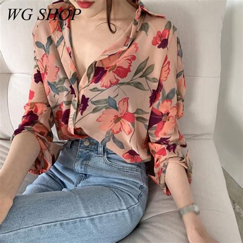 Camisa Floral Chiffon De Manga Comprida Estilo Coreano Para Mulheres